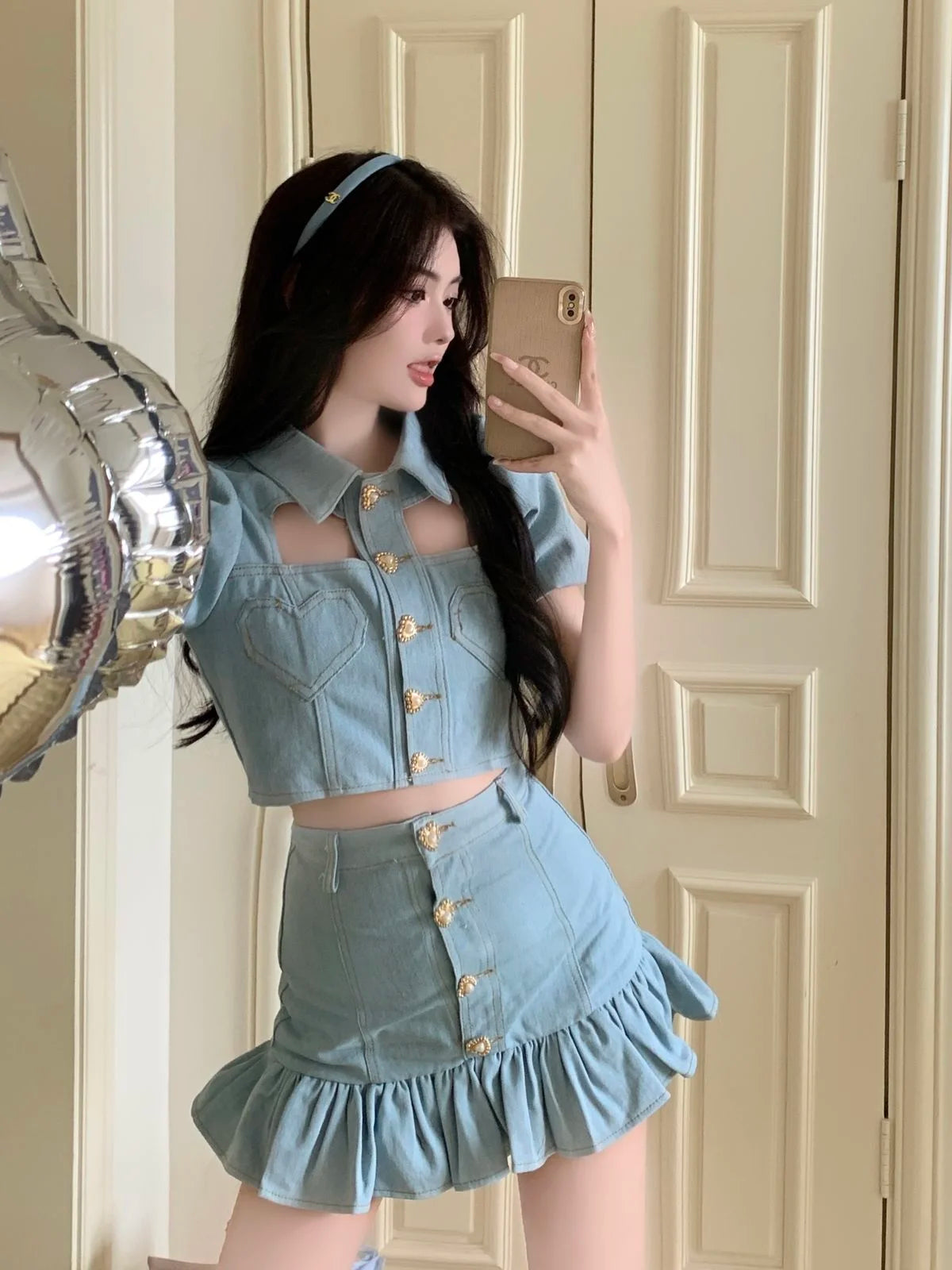 Denim Heart Design Button-Up Short Puff Sleeve Turn-Down Collar Crop Top + Ruffled Mermaid Mini Jean Skirt 2-Piece Set