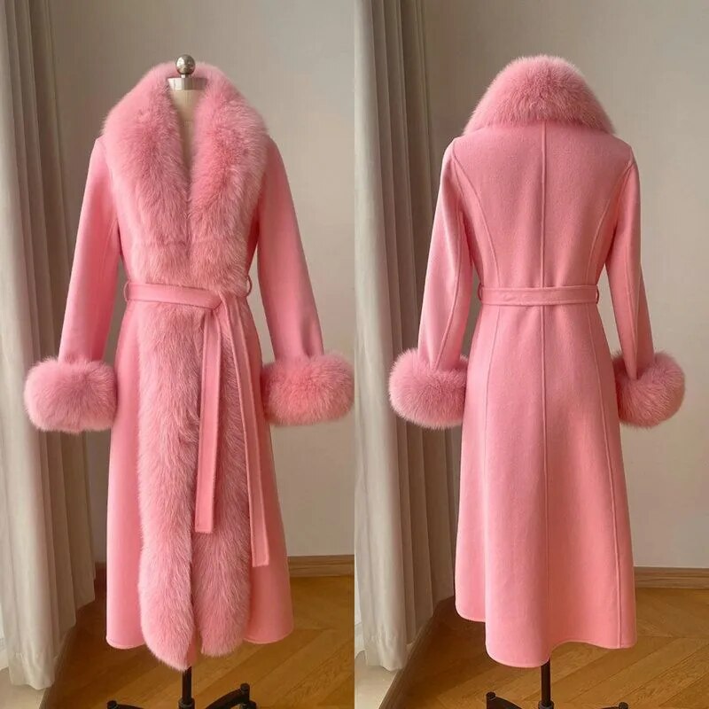 Cashmere Faux Fur Mandarin Collar 3/4 Length Women's Coat