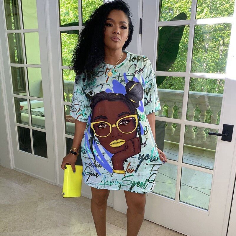 Black Woman w/ Glasses 3D Printed Oversized Loose Mini T-Shirt Dress