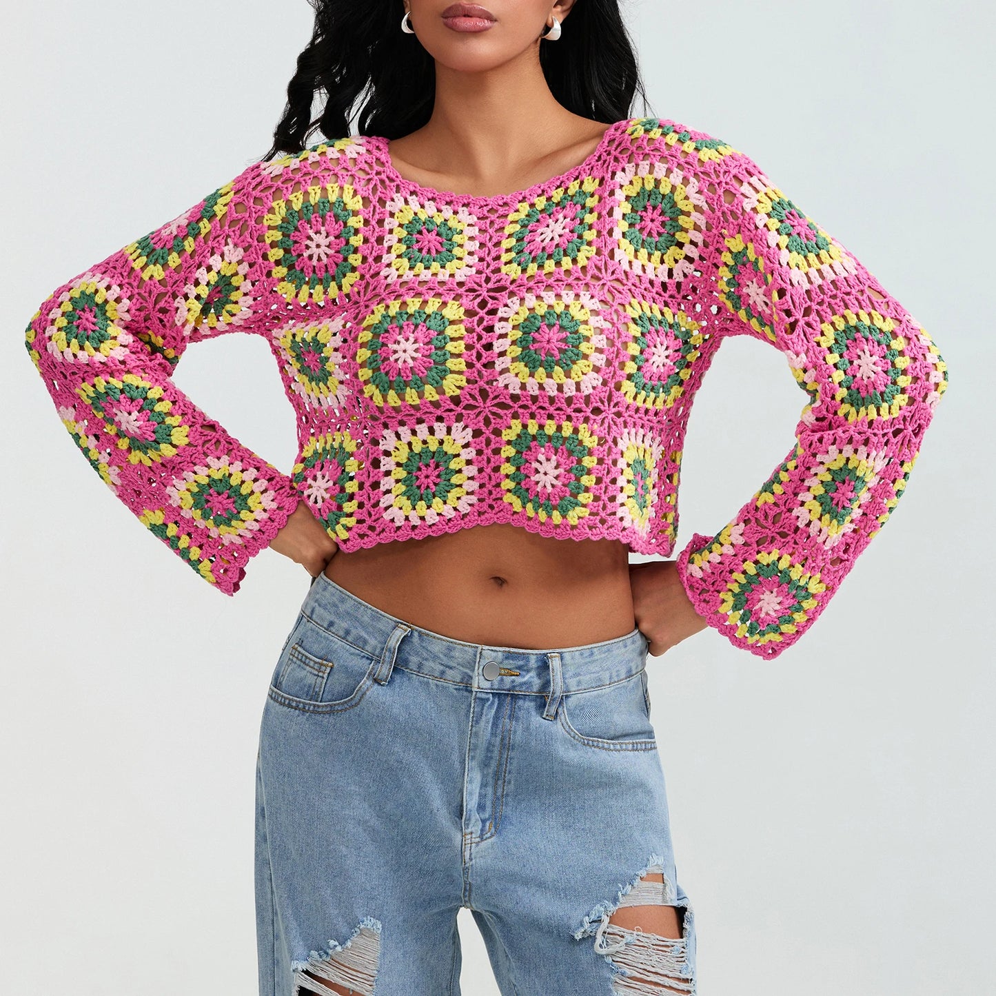 Crochet Square Floral Print Knitted Women’s Long Sleeve O-Neck Cropped Sweater