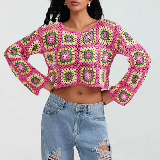 Crochet Square Floral Print Knitted Women’s Long Sleeve O-Neck Cropped Sweater
