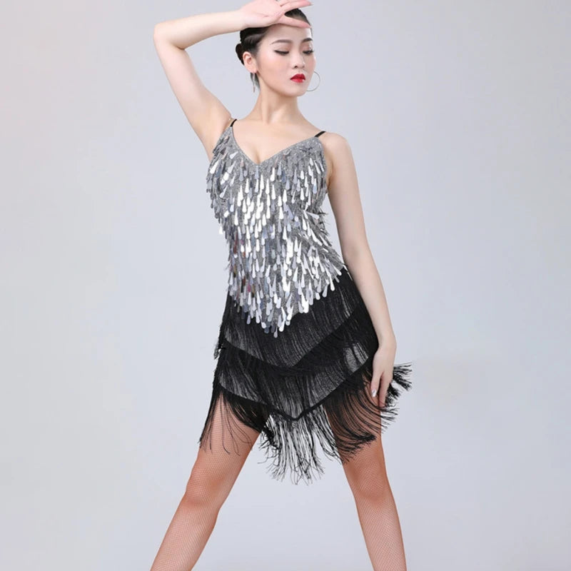 Sparkling Sequined Tassel Fringe Detail Salsa Samba Rumba Tango Latin Dance Flapper Dress