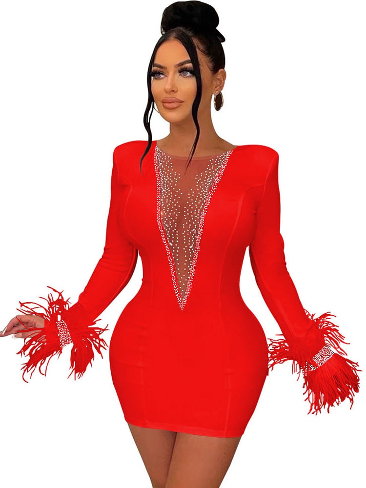 Feather Rhinestone Transparent Mesh Deep V-Neck Bodycon Mini Dress