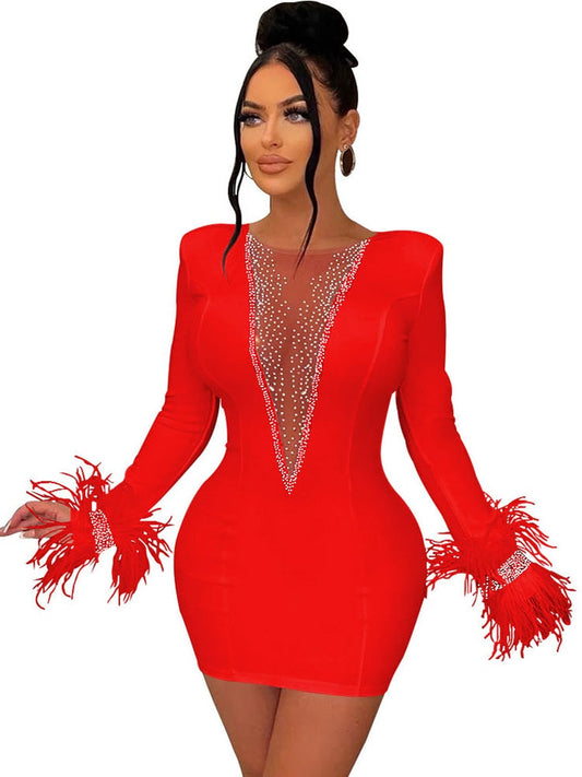 Feather Rhinestone Transparent Mesh Deep V-Neck Bodycon Mini Dress