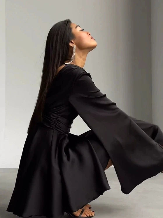 Satin Flared Sleeve Deep V-Neck Formal Mini Dress