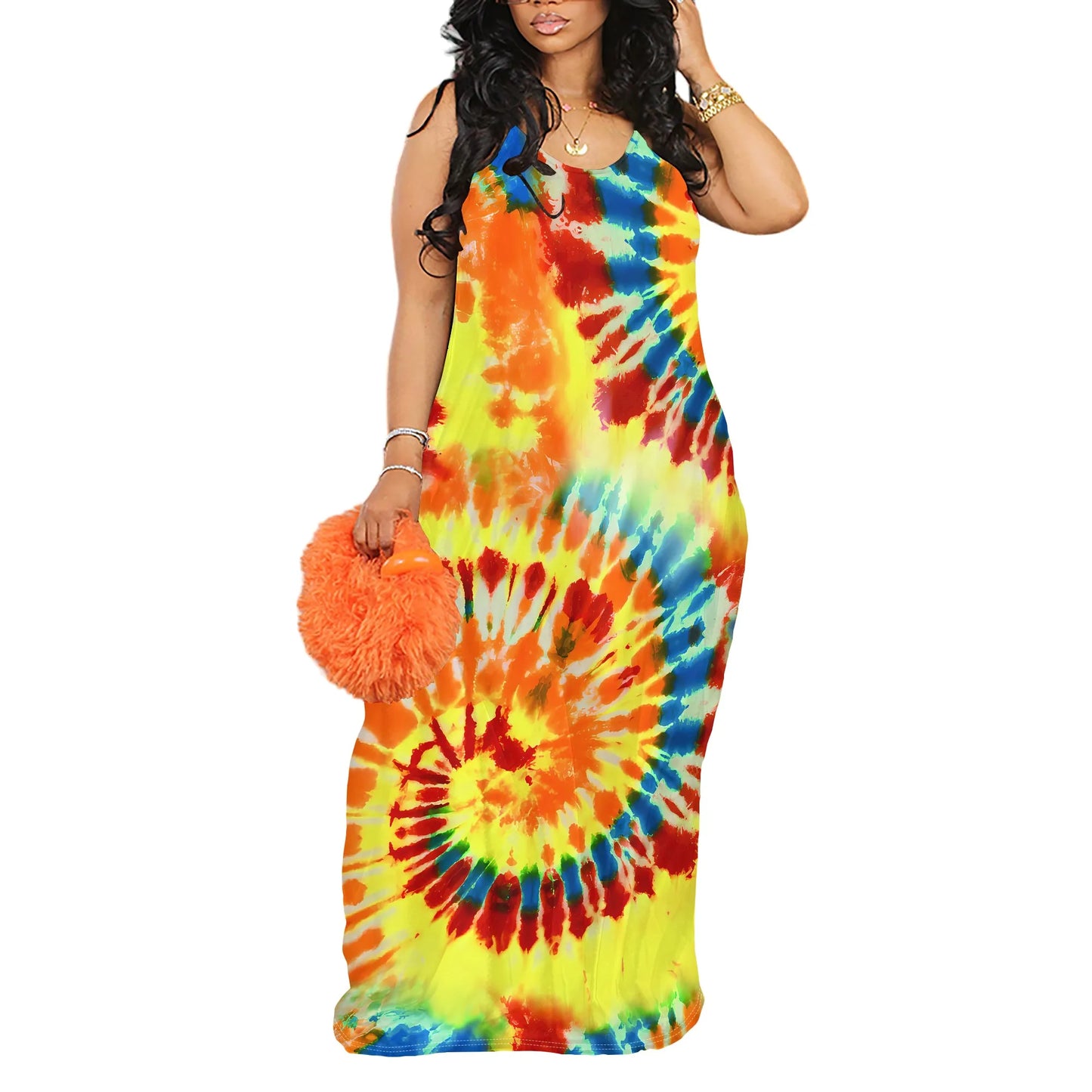 Camo/Tie-Dye/Plaid/Geometric/Colorblock/Rainbow Print V-Neck Spaghetti Strap Print Dress Maxi Dress to 3X Plus Size