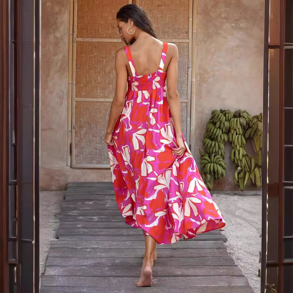 Tropical Floral Print Spaghetti Strap  Skinny Fit Sleeveless Maxi Sundress