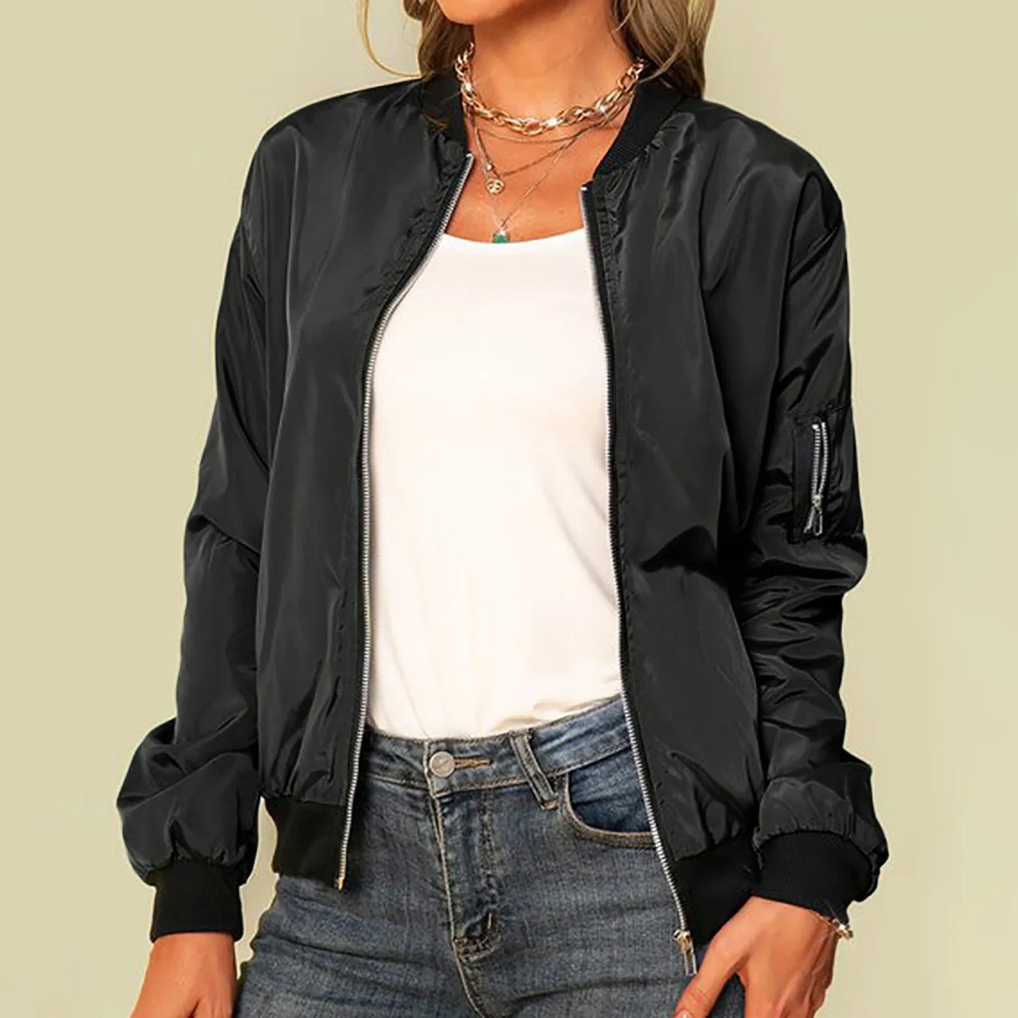 Mandarin Collar Women's Zipper Cargo Pocket Sleeve Design Bomber Jacket