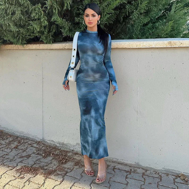 Tie-Dye Long Sleeve Skinny Fit Bodycon Maxi Dress