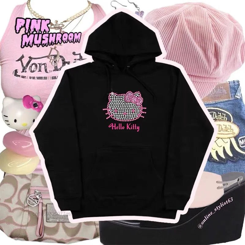 "Hello Kitty" Diamond Rhinestone Sparkling Pattern Hoodie Sweatshirt