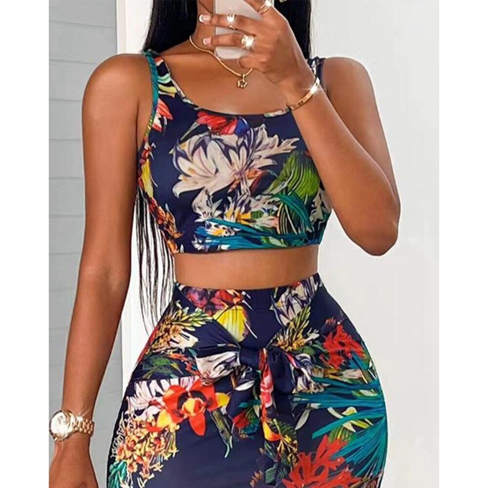 Tropical Print Crop Tank Top & Midi Skirt 2-Piece Set