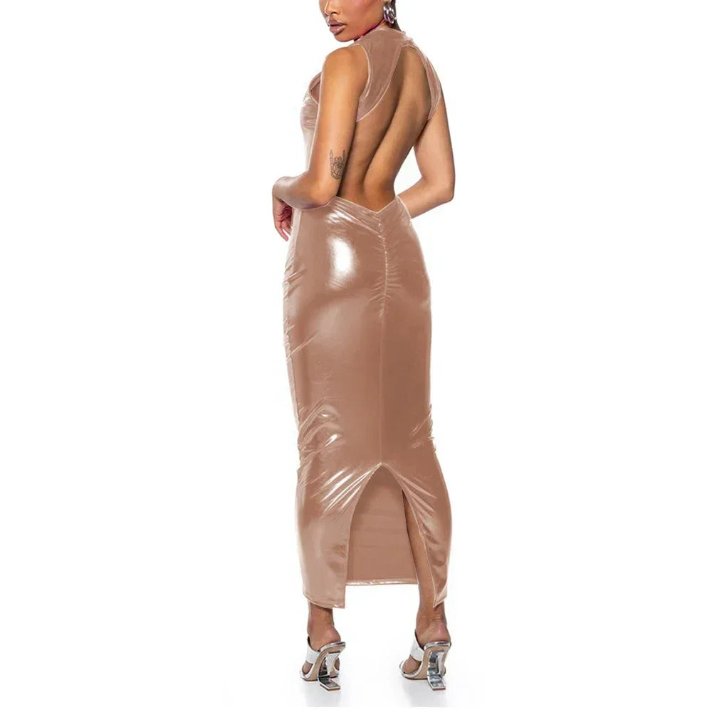 Shiny PU Leather Metallic Backless Sleeveless High Back Slit Bodycon Formal Maxi Party Dress to 3X Plus Size