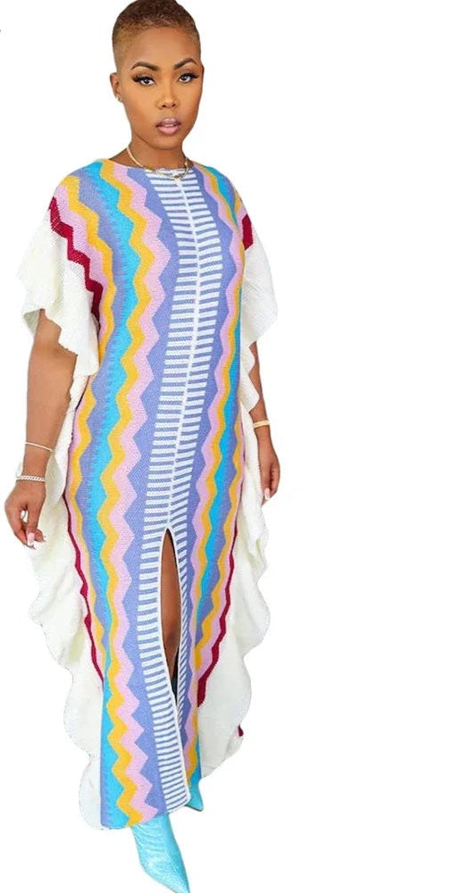 African Kafka Striped Ruffled Knitted Loose O-Neck Sleeveless Split Smock Maxi Dress