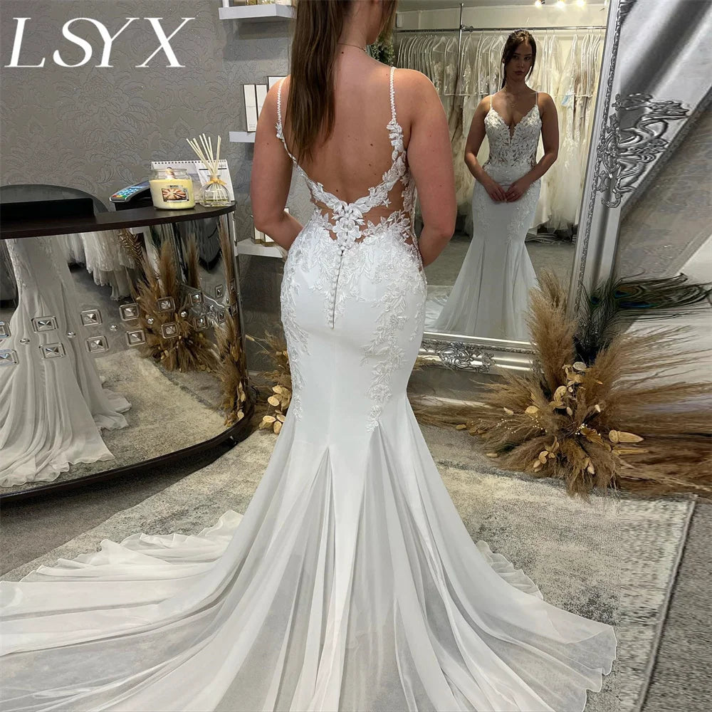 Chiffon V-Neck Sleeveless Mermaid Spaghetti Strap Court Train Cut-Out Back Bridal Wedding Gown Dress