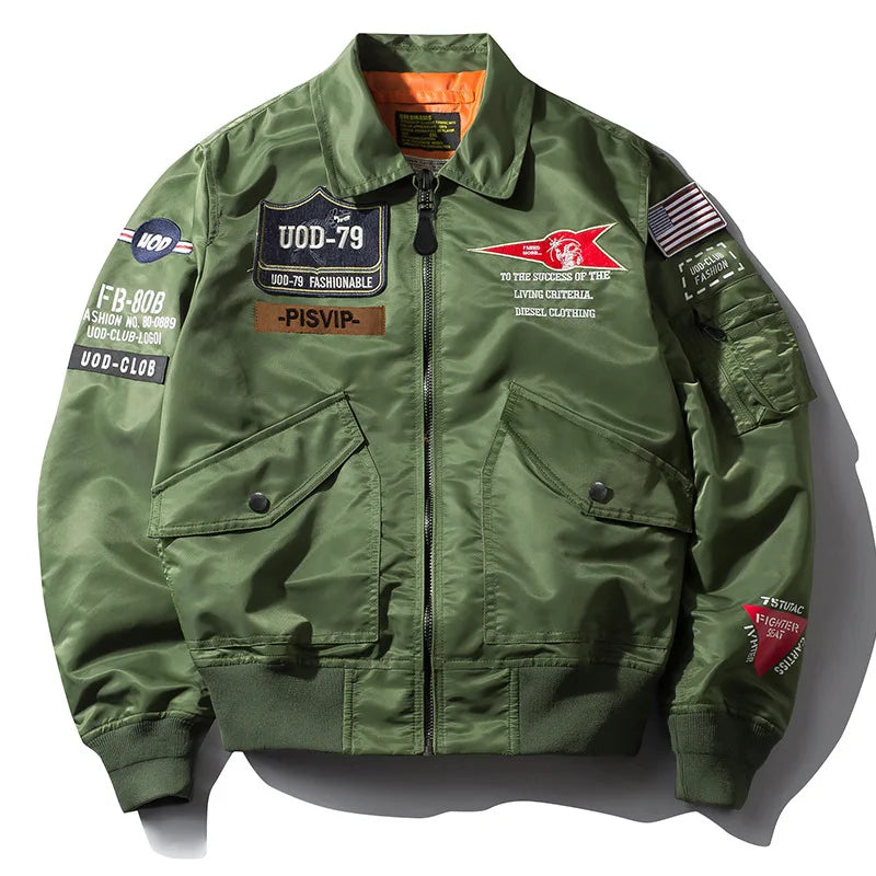 Men's Embroidered Hip-Hop Jacket Military Motorcycle Aviator Pilot Baseball Bomber Jacket
