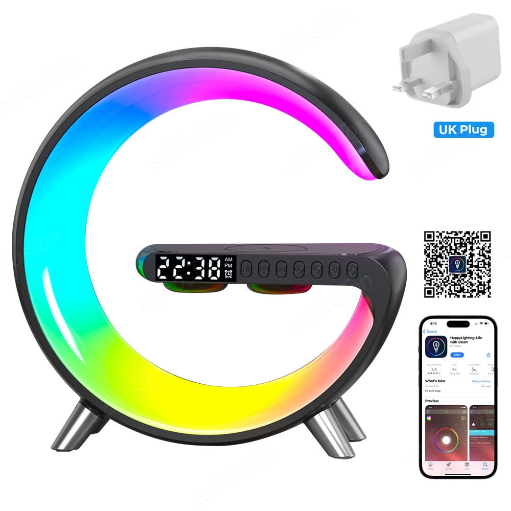 Smart APP LED RGB Night Light Atmosphere Desk Lamp Alarm Clock Speaker Wireless Charger