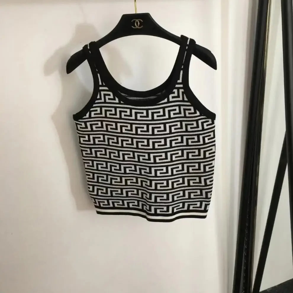 Geometric Colorblock Print Knitted Women's Open Cardigan Sweater + Matching Tank Vest Top + High Waist Wide Leg Pants 3-Piece Set