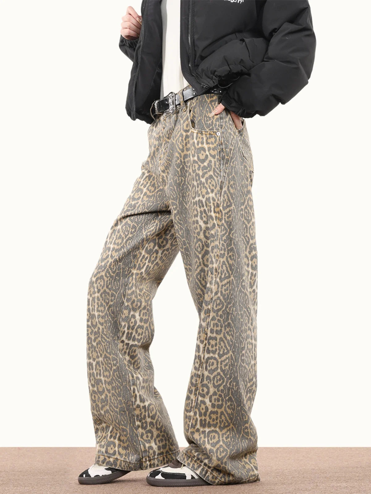 Leopard Washed Women's Retro Loose High Waist Straight Leg Jeans