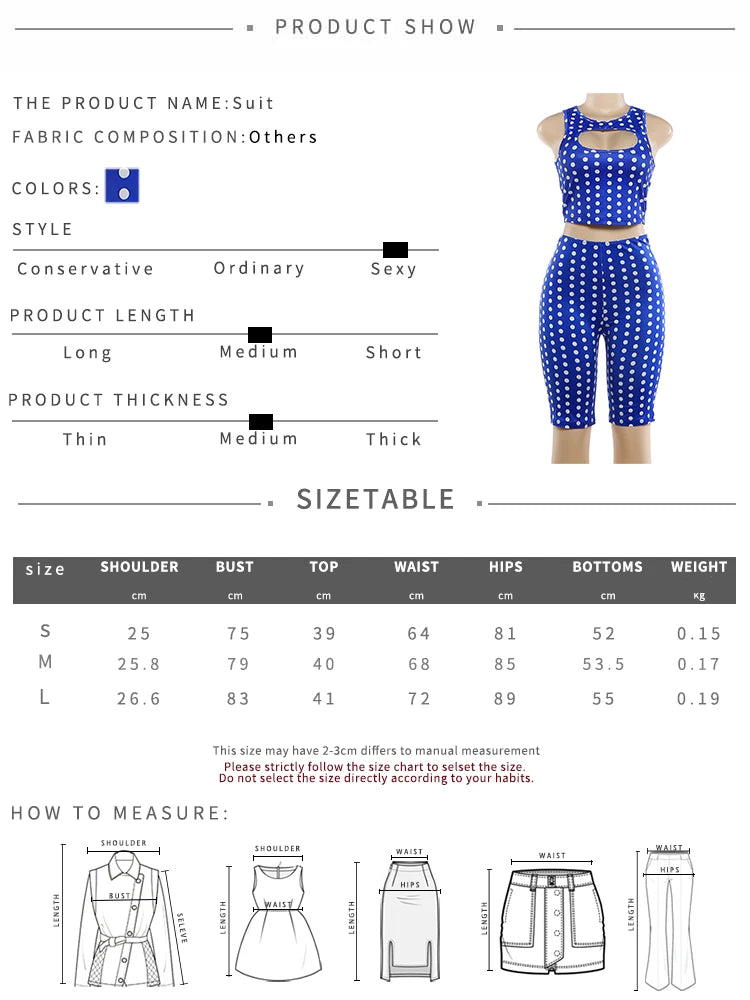 Kliou Polka Dot Print 2 Piece Set Woman o-Neck Hollwo Design Crop Tops+Skinny Peach Hip Shorts Hot Girls Sexy Fashion Outfits