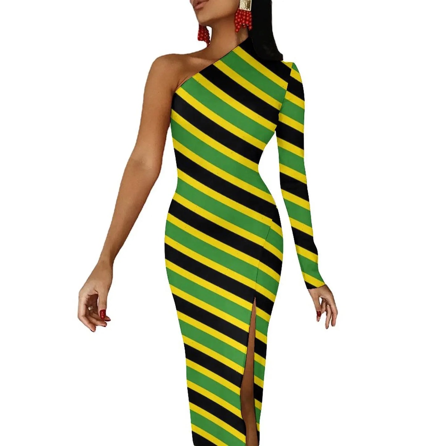 Jamaica Flag Colors Striped/Geometric/Camoflauge High Side Slit One Sleeve Streetwear Bodycon Maxi Dress