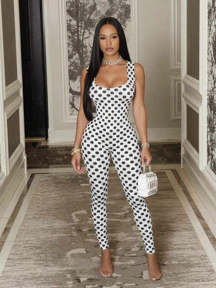 Black/White Polka Dot Print Backless Sleeveless Square Neck Women's Skinny Jumpsuit