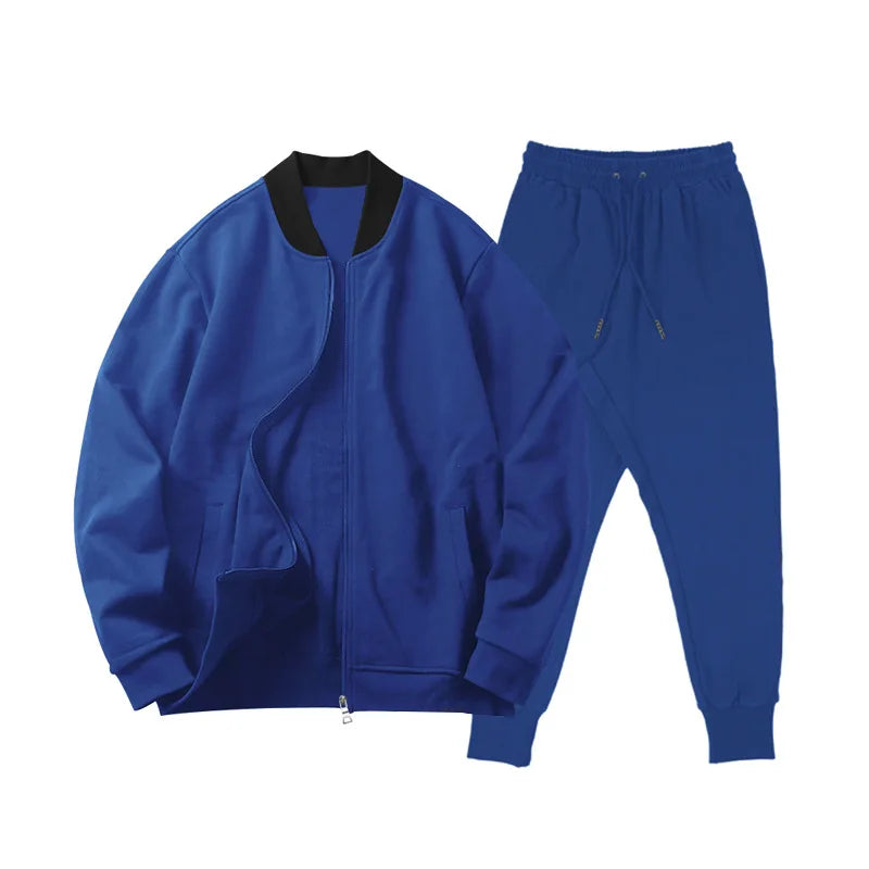 Men's O-Neck Colorblock Bomber Sweat Jacket + Drawstring Jogger Sweatpants Tracksuit