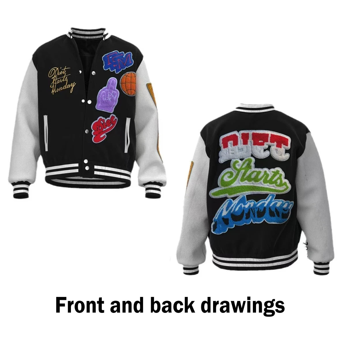 Unisex Varsity Letterman's Rib Sleeve Wool Baseball Bomber Patchwork Jackets