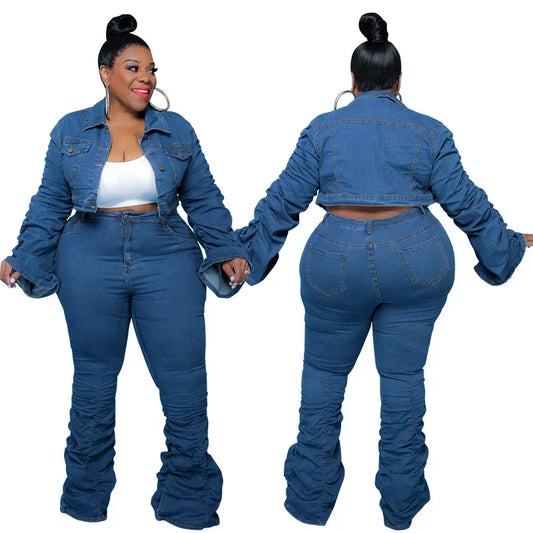 Denim Plus Size Women's 2-Piece Set Puffed Long Sleeve Jacket + Stretch Stacked Jeans