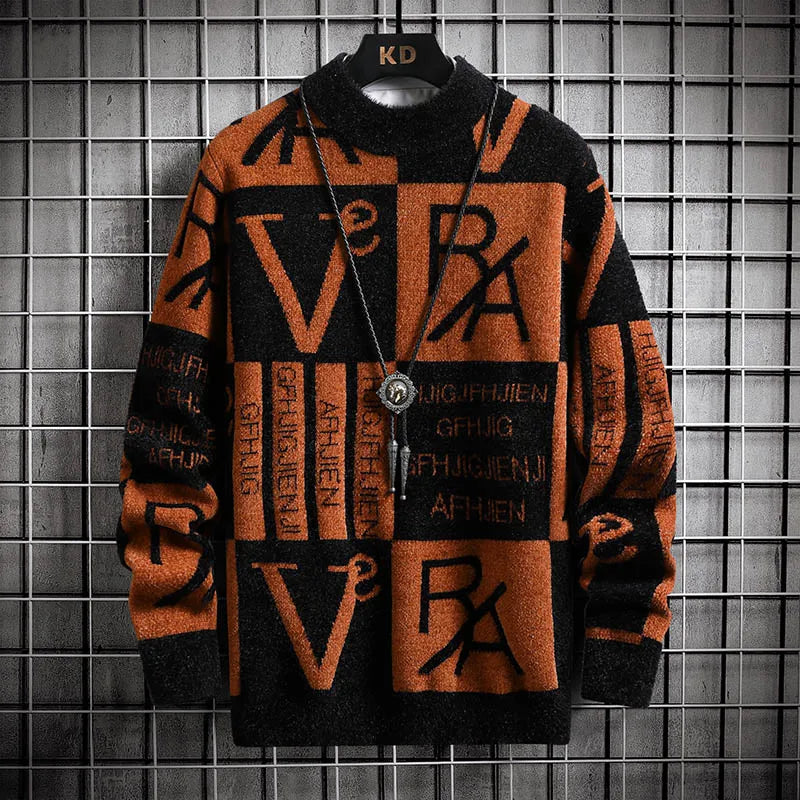 Men's Knitted Letter Geometric Colorblock Print Round Neck Pullover Sweater