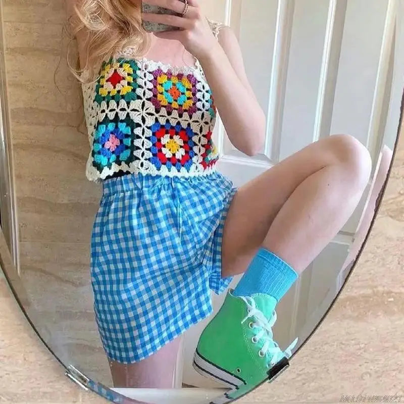 Crochet Multi-Colored Square Flower Design Knitted Square Neck Women's Sleeveless Cropped Tank Top