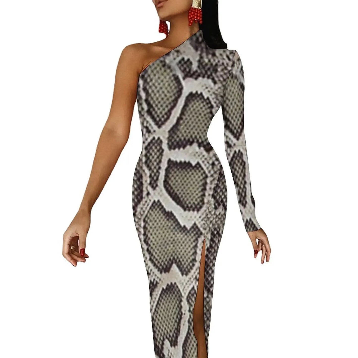 Snake Print/Geometric High Slit One Shoulder Long Sleeve Party Bodycon Maxi Dress