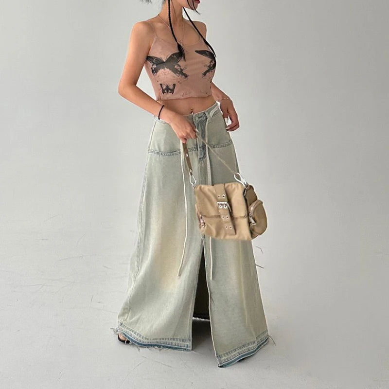 Denim Faded Distressed Women's High Slit Vintage Lace-Up Low Waist Streetwear Maxi Jean Skirt