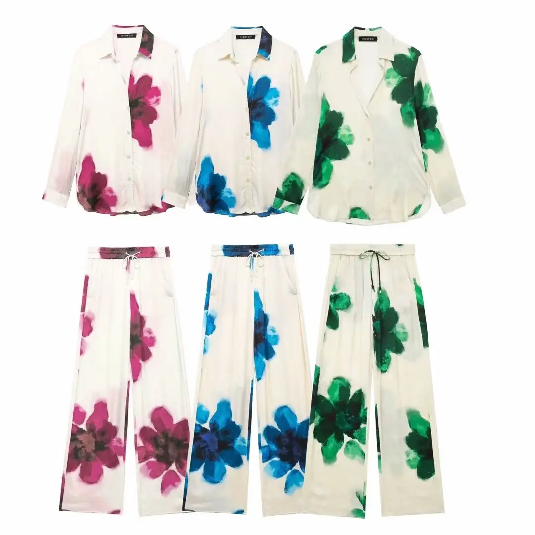 Floral Stain Print Button-Up Blouse + Elastic Waist Wide Leg Pants Women's Casual 2-Piece Sets