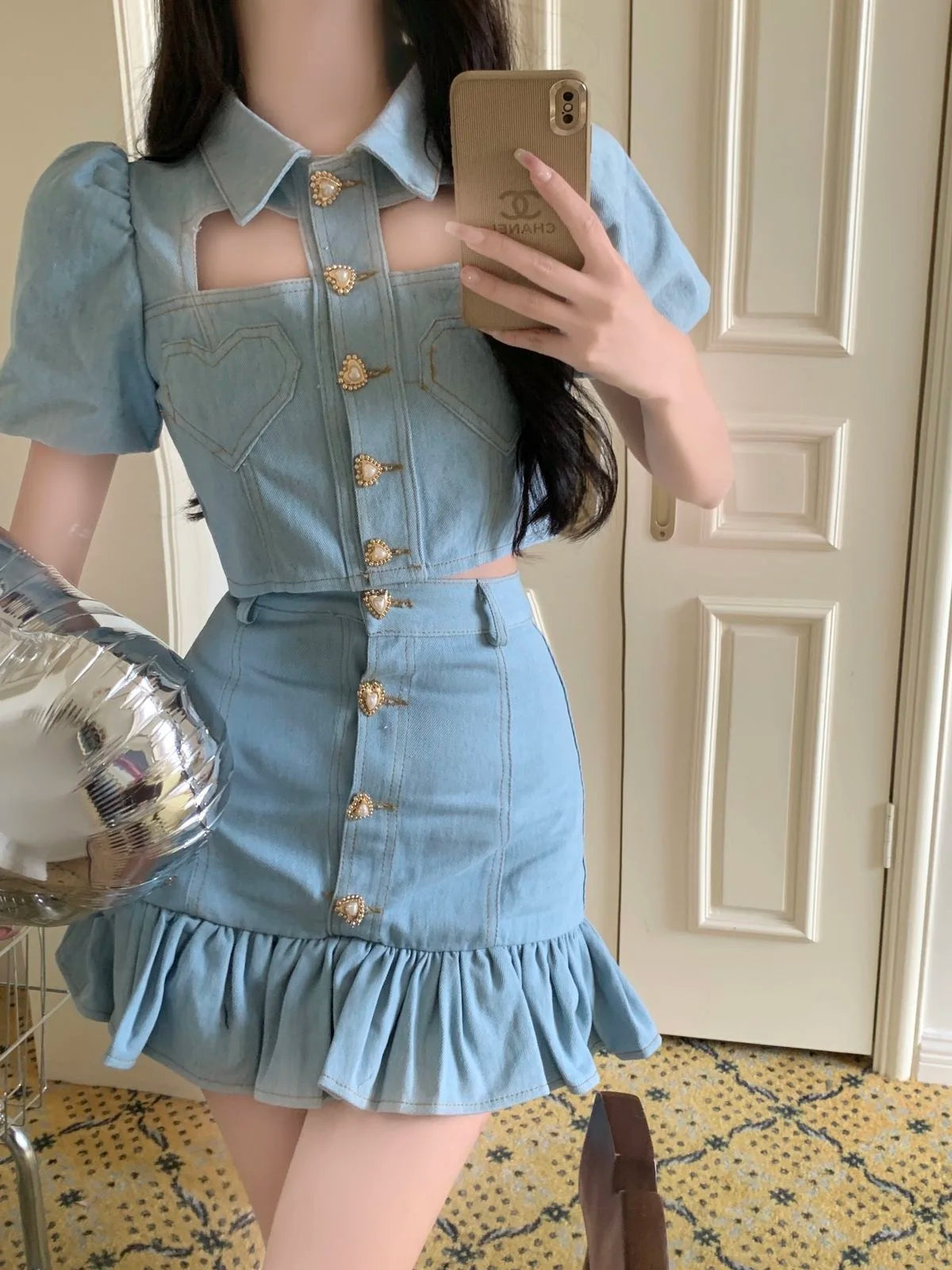 Denim Heart Design Button-Up Short Puff Sleeve Turn-Down Collar Crop Top + Ruffled Mermaid Mini Jean Skirt 2-Piece Set