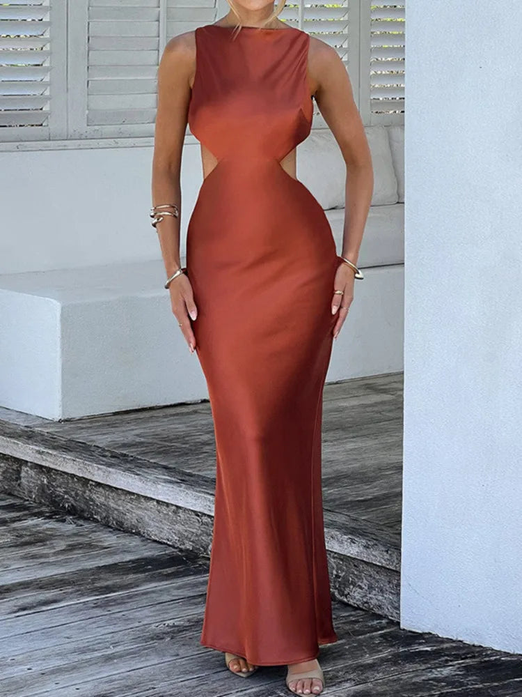 Satin Sleeveless Backless Solid Party Prom Hollow-Out Formal Maxi Dress