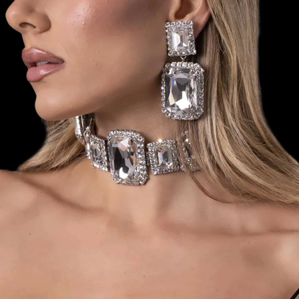 Oversized Geometric Rhinestone Square Earrings with Matching Choker 2-Piece Jewelry Set