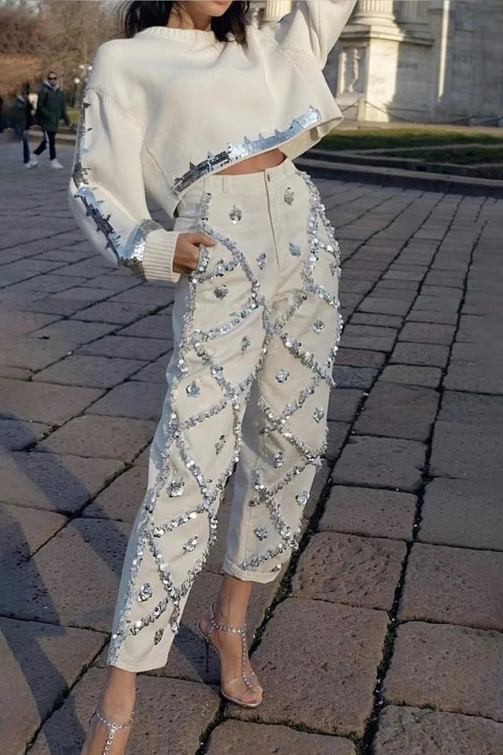 White Sequin Rhinestone Embellished Women's Straight Leg Jeans to 3X Plus Size