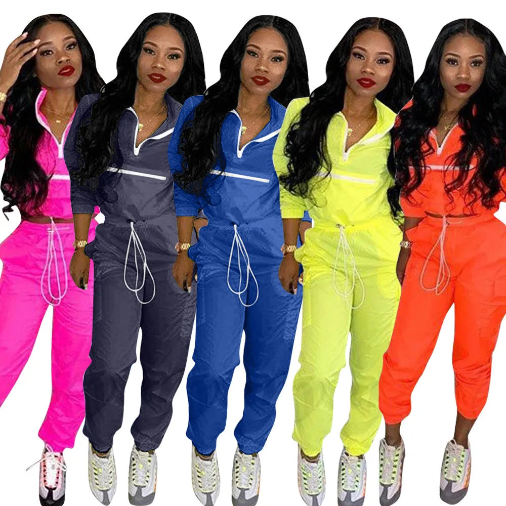 Neon Turn Down Collar Women's Long Sleeve Zipper Jacket + Drawstring Sweatpants 2-Piece Set Tracksuit