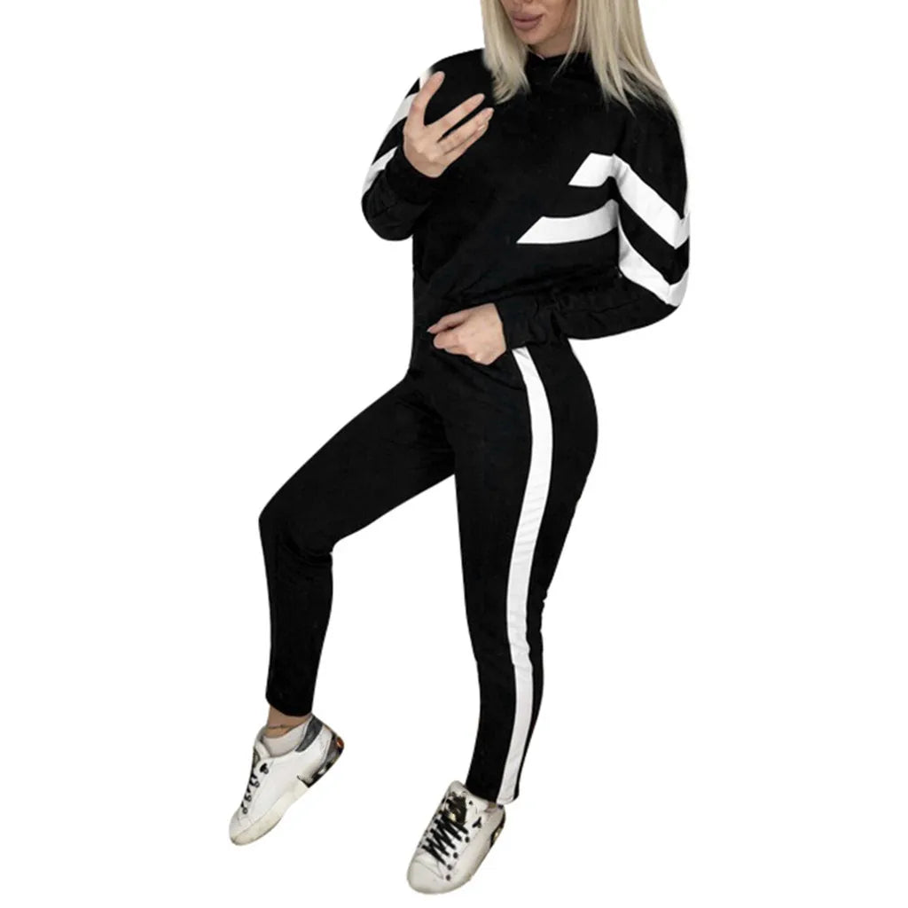 Diagonal Colorblock Drawstring Women's Cropped Zipper Hoodie Jacket + Side Striped Skinny Sweatpants Tracksuit