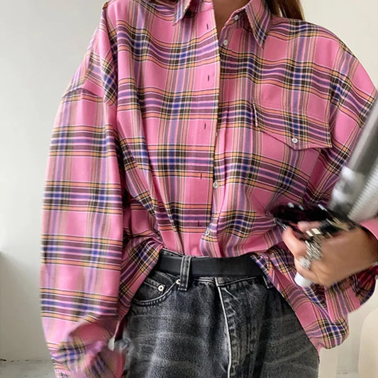 Pink Plaid Women's Streetwear Turn-Down Collar Long Sleeve Single-Breasted Oversized Blouse