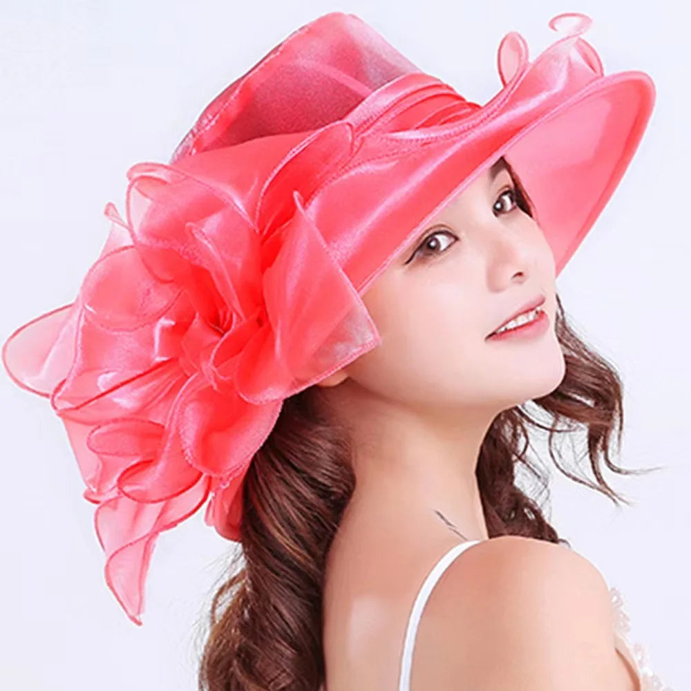 Oversized Organza Floral Bow Detail Wide Brim Kentucky Derby/Church/Wedding Fedora Hat
