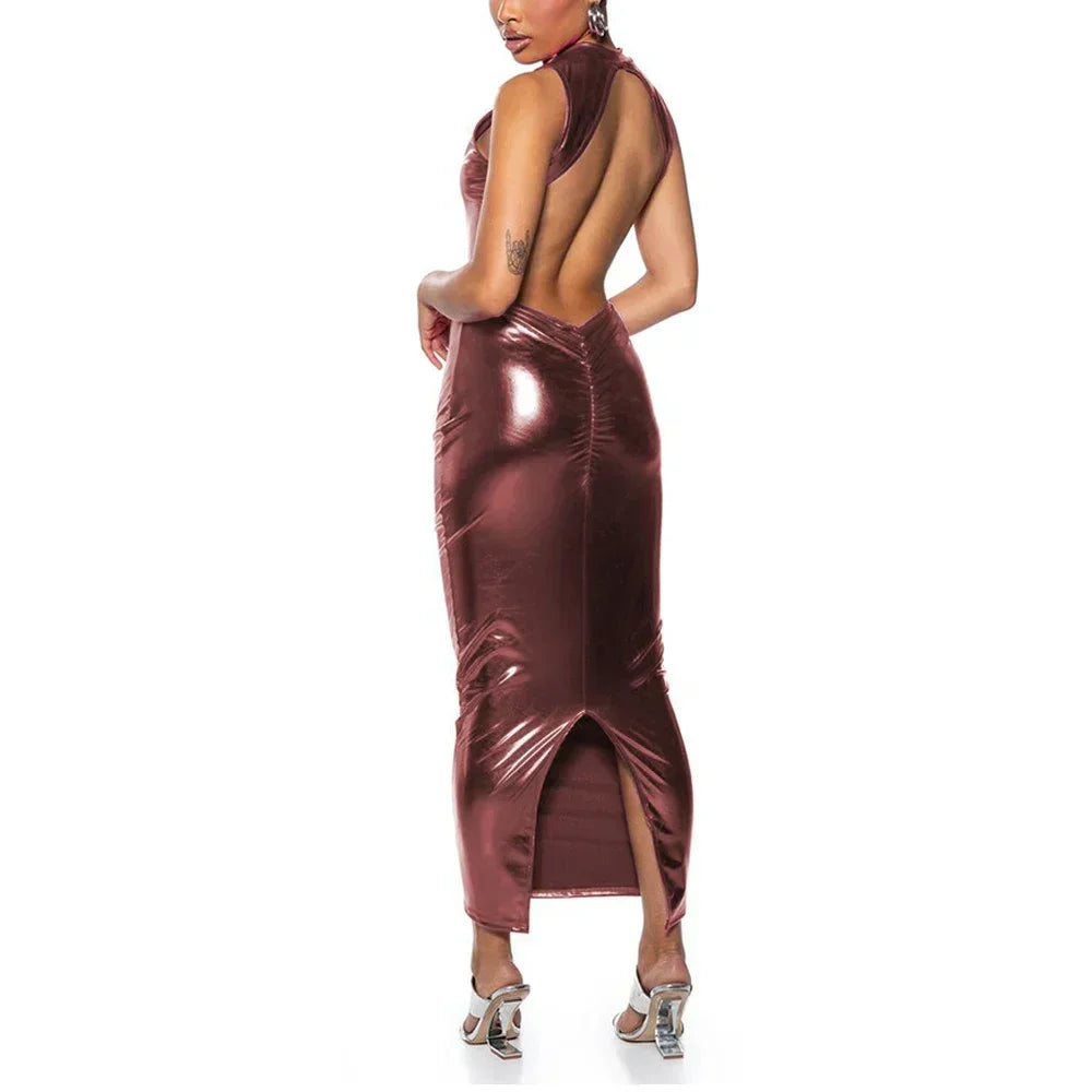 Shiny PU Leather Metallic Backless Sleeveless High Back Slit Bodycon Formal Maxi Party Dress to 3X Plus Size