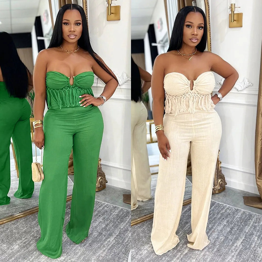 Tassel Fringe Design Strapless Sleeveless Tube Top Solid Color Women's Jumpsuit
