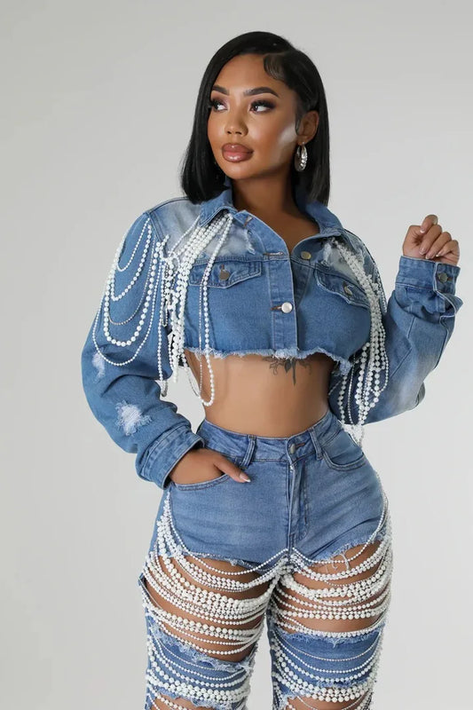 Denim Pearl Tassel Chain Embroidered Long Sleeve Women’s Turn-Down Collar Western Rodeo Jean Jacket OR Jeans-SOLD AS SEPERATES