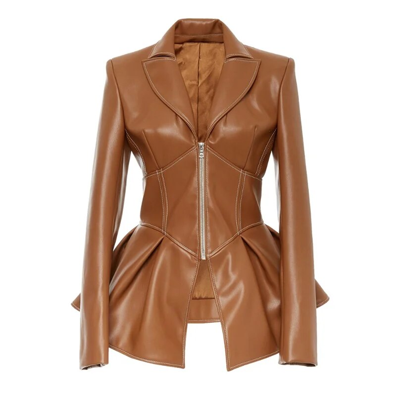 PU Leather Turn-Down Collar Long Sleeve High Waist Zipper Short Corset Jacket