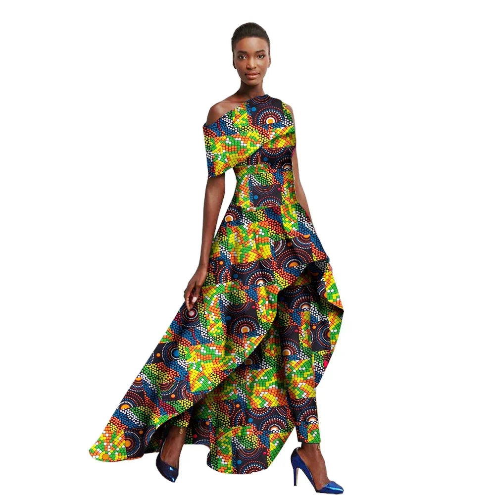 Asymmetrical Diagonal Hem Ankara African Print Short Sleeve O-Neck Maxi Dress + Pants 2-Piece Suit
