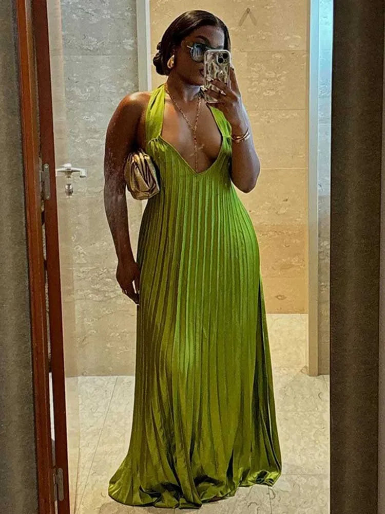 Lime Green Pleated Deep V-Neck Hollow-Out Halter Neck Backless Formal Maxi Dress