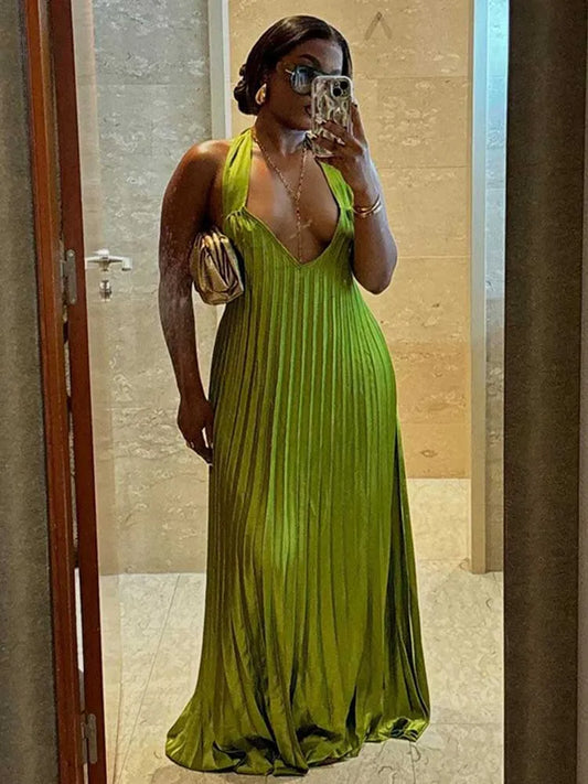 Lime Green Pleated Deep V-Neck Hollow-Out Halter Neck Backless Formal Maxi Dress