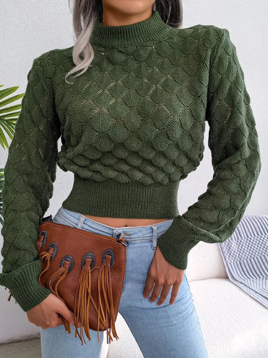 Autumn Winter New Fashionable Three-dimensional Diamond Hollow Long Sleeved Sexy Exposed Navel Knitted Sweater For Women