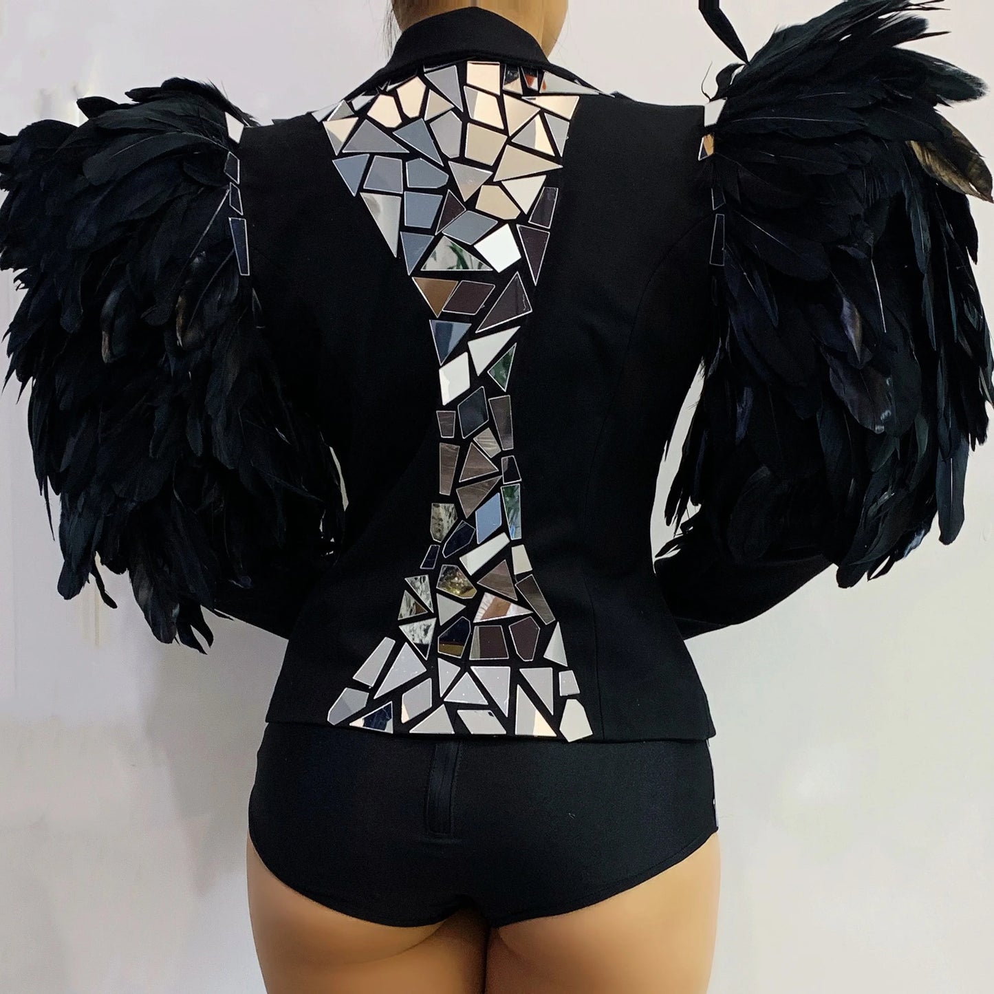 Silver Metallic Geometric Mirror 2-Piece Bikini w/ Feather Detail Balloon Sleeve Jacket Stage Performance Costume